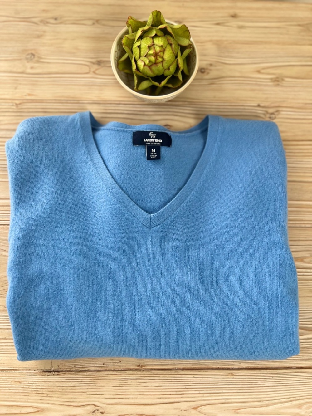 Lands’ End 100% Cashmere V-Neck Sweater Blue Medium - Picture 4 of 6
